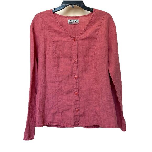 FLAX Linen Shirt Women’s Med Button  Down Oversized Red Beach Minimalist Lagen - Picture 1 of 7